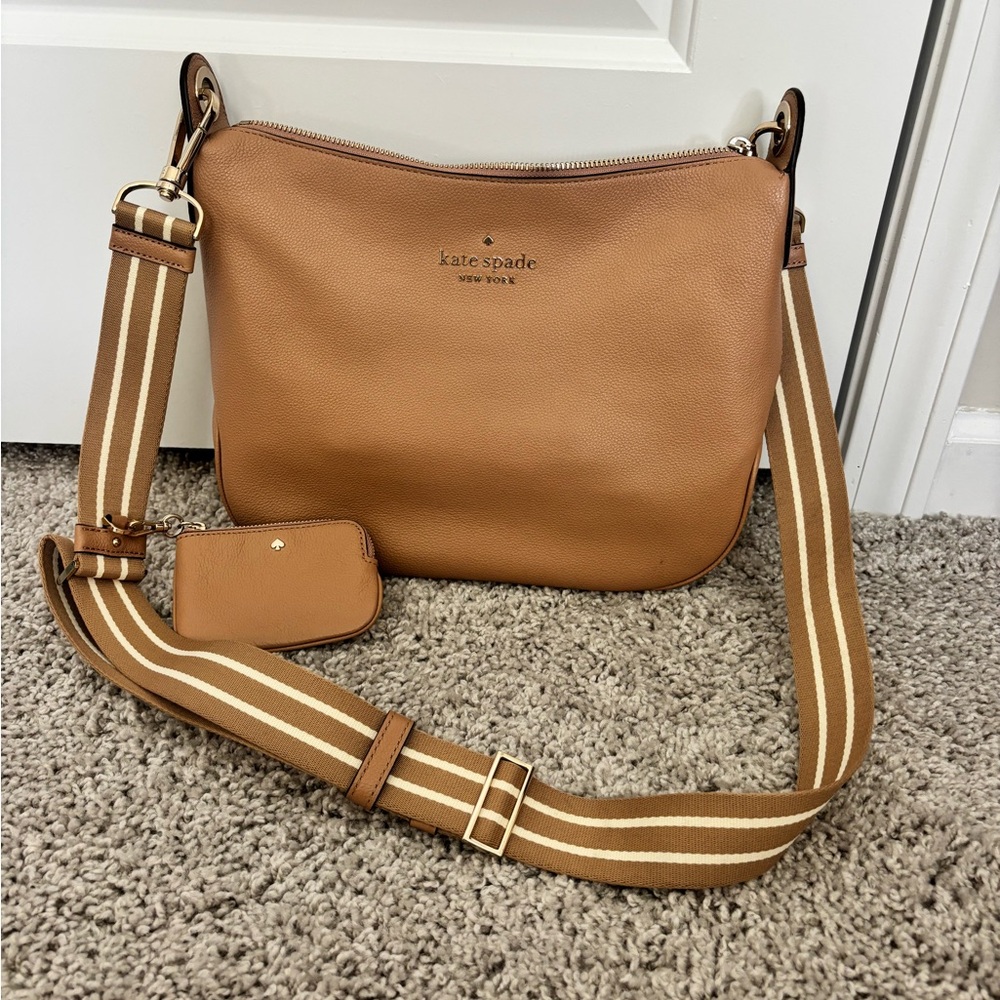 kate spade tan leather crossbody with striped strap